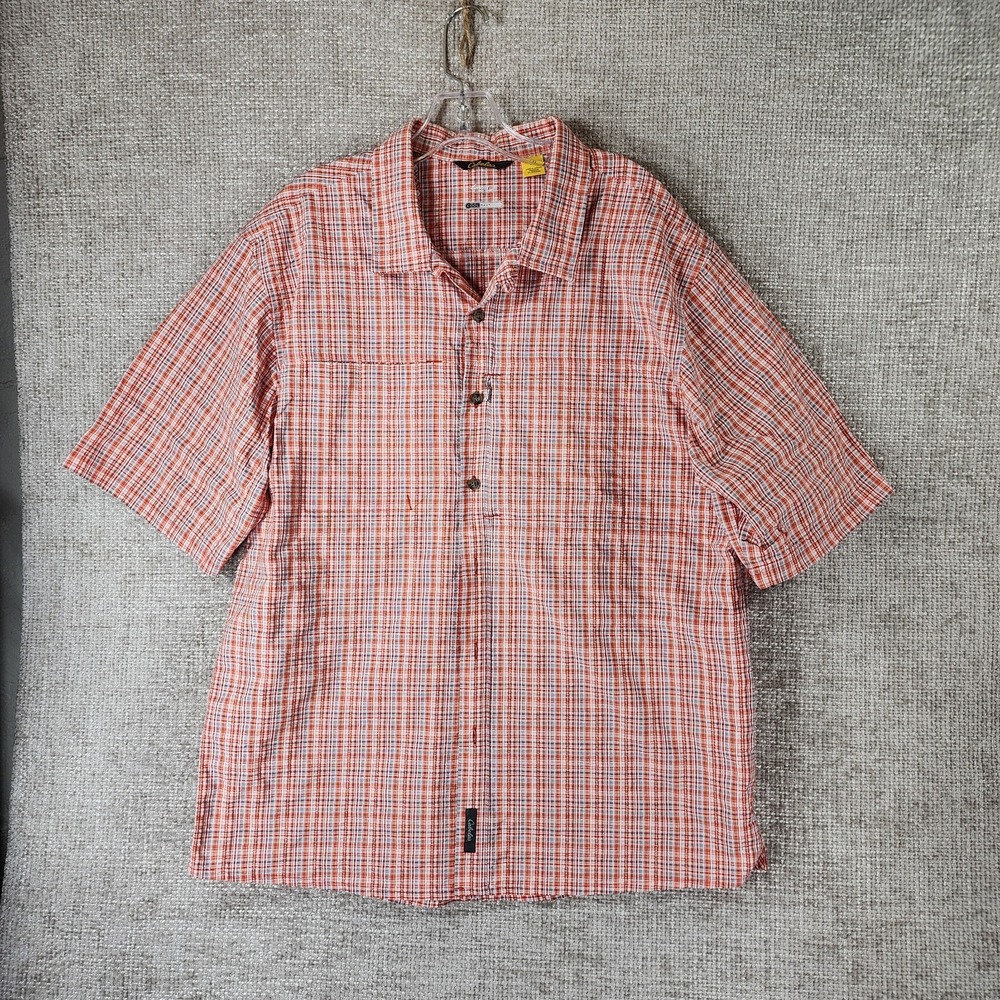 Cabela's Coolmax Button Up Shirt Men's L Orange Plaid Zip Pocket‎ UPF 30
